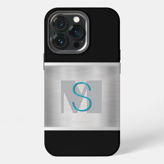Teal & Gray Monogram, Brushed Silver, Black Iphone Case (Back)