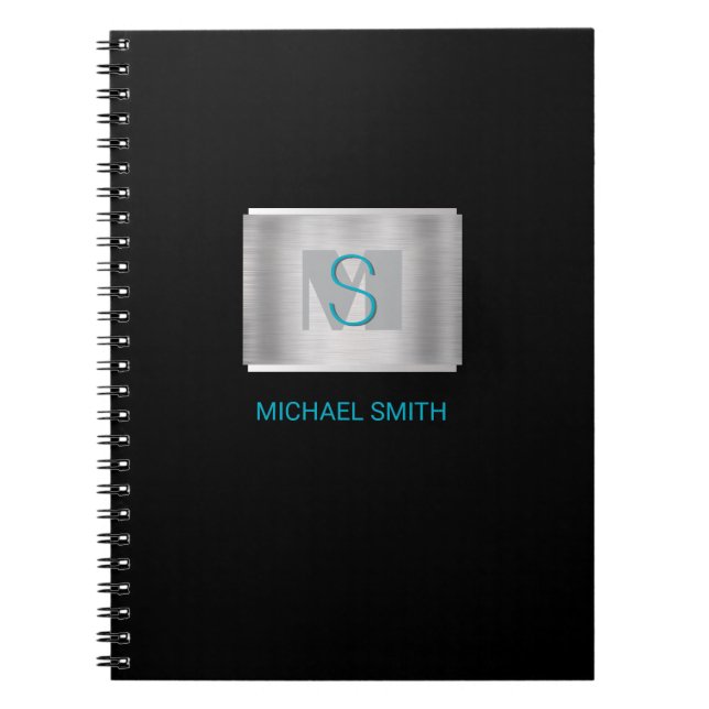 Teal & Gray Monogram, Name, Brushed Silver, Black Notebook (Front)
