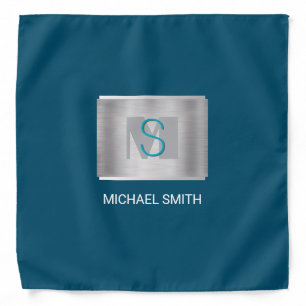 Teal & Gray Monogram, Name, Silver, Deep Blue Bandana