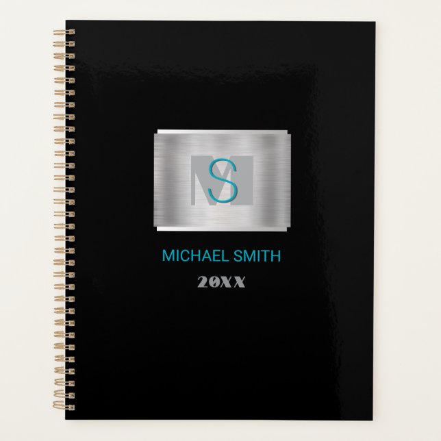 Teal & Gray Monogram, Name, Year Silver & Black Planner (Front)