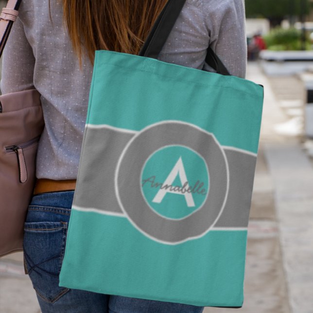 Teal Gray Monogram Personalized Tote Bag (Creator Uploaded)