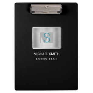 Teal & Gray Monogram White Name, Silver & Black Clipboard