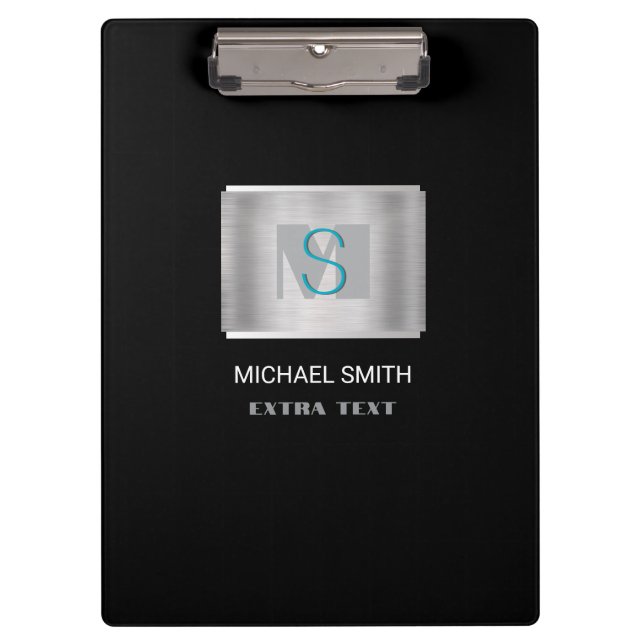 Teal & Gray Monogram White Name, Silver & Black Clipboard (Front)