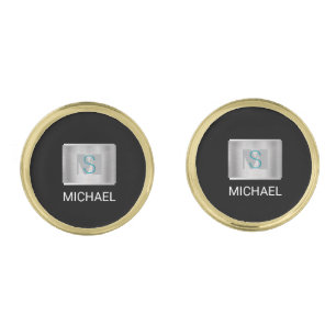 Teal & Gray Monogram, White Name Silver, Black Cufflinks