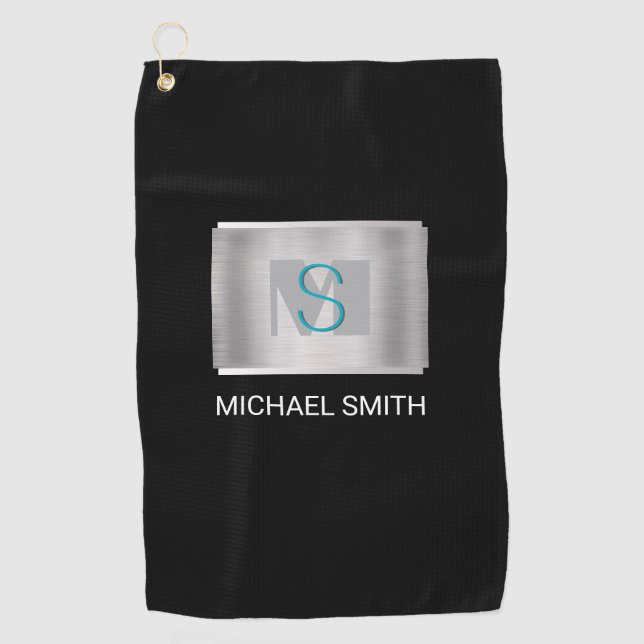 Teal & Gray Monogram, White Name Silver, Black Golf Towel (Front)