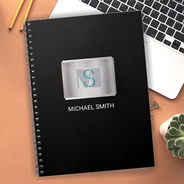 Teal & Gray Monogram, White Name, Silver, Black Notebook (Creator Uploaded)