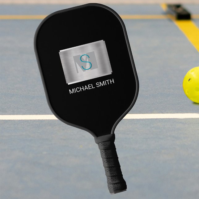Teal & Gray Monogram, White Name Silver, Black Pickleball Paddle (Creator Uploaded)