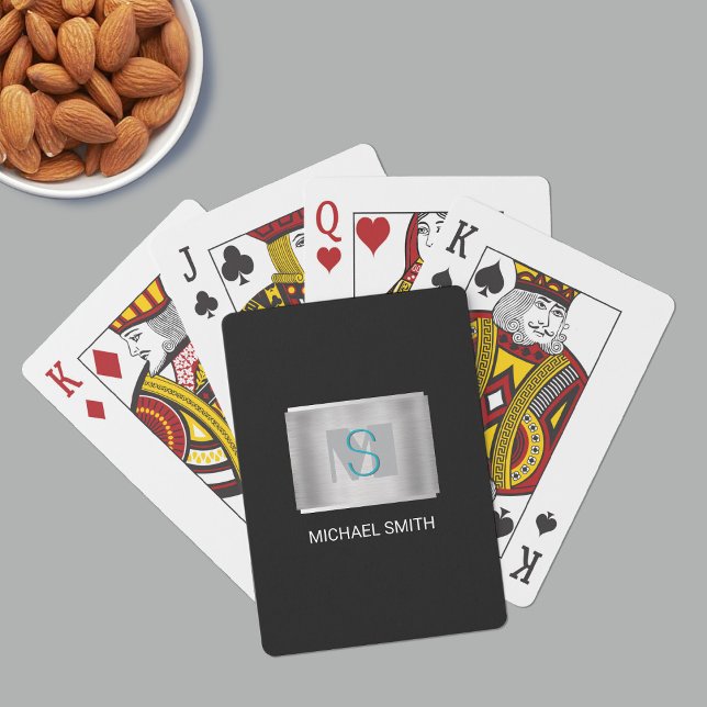 Teal & Gray Monogram, White Name Silver, Black Poker Cards (Creator Uploaded)