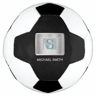 Teal & Gray Monogram, White Name Silver, Black Soccer Ball