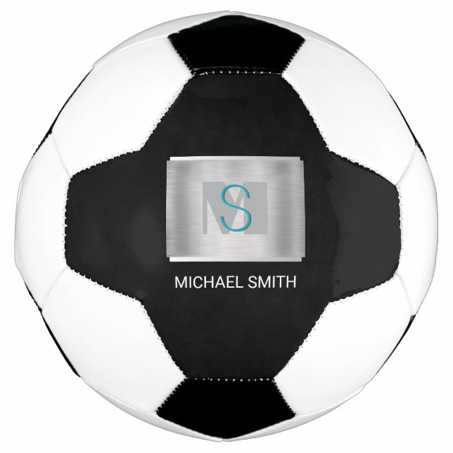 Teal & Gray Monogram, White Name Silver, Black Soccer Ball (Front)