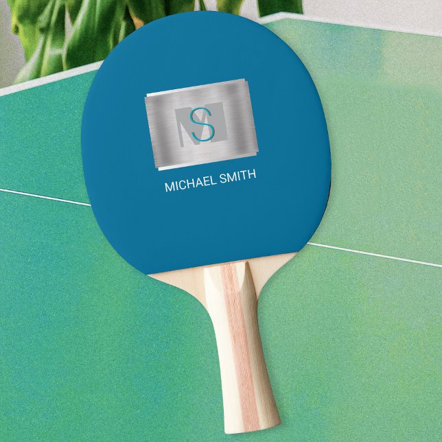 Teal & Gray Monogram, White Name, Silver, Blue Ping Pong Paddle (Creator Uploaded)