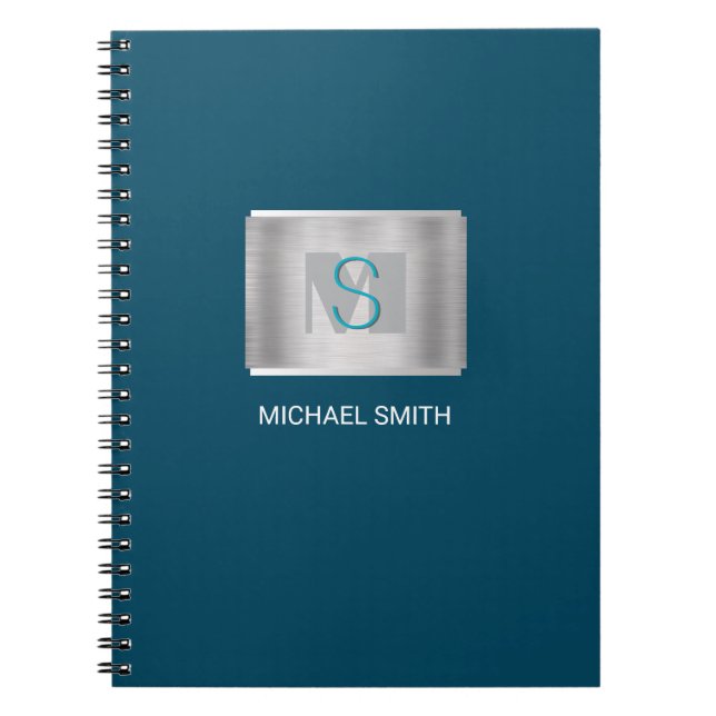 Teal & Gray Monogram, White Name, Silver Dark Blue Notebook (Front)