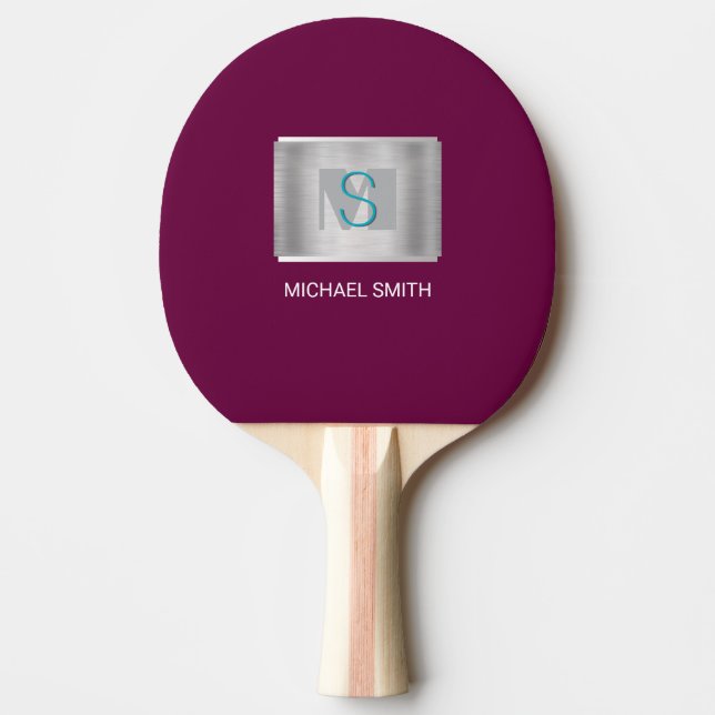 Teal & Gray Monogram, White Name Silver, Maroon Ping Pong Paddle (Front)