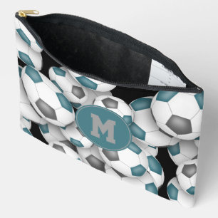 teal gray monogrammed soccer balls pattern accessory pouch