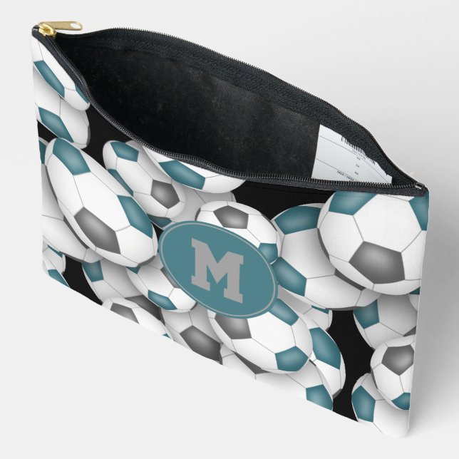 teal gray monogrammed soccer balls pattern  accessory pouch (Open)