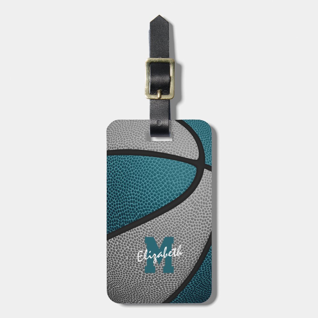 teal gray monogrammed sports gifts basketball luggage tag