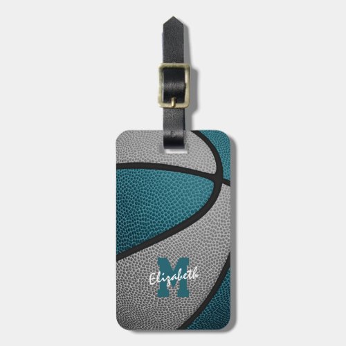 teal gray monogrammed sports gifts basketball luggage tag