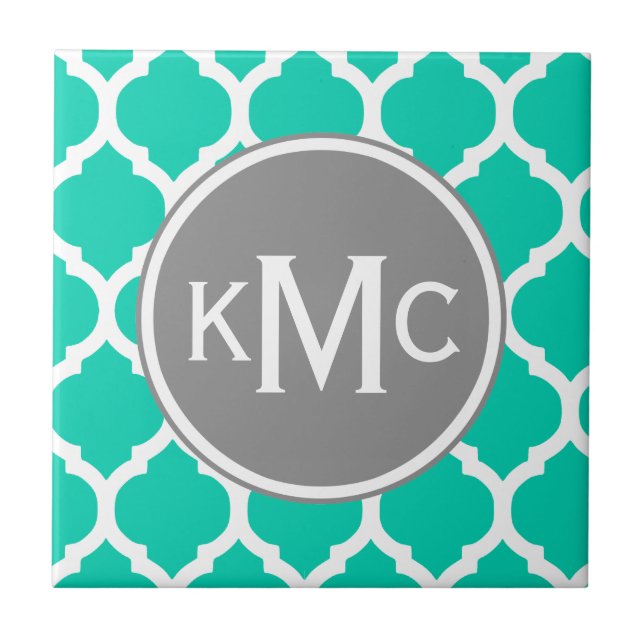 Teal Gray Moroccan Lattice Ceramic Tile (Front)