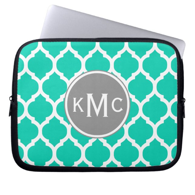 Teal Gray Moroccan Lattice Laptop Sleeve (Front)