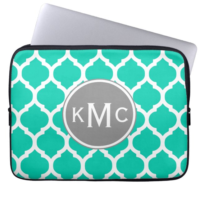 Teal Gray Moroccan Lattice Laptop Sleeve (Front)