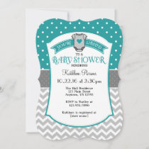 Teal Gray Polka Dot Chevron Baby Shower Invite