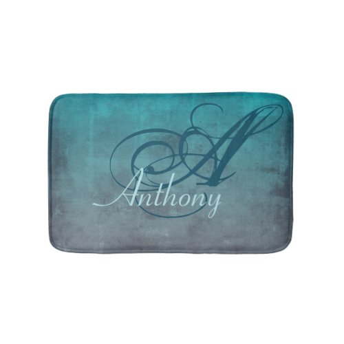 Teal Gray Rustic Abstract Name Monogram Bath Mat