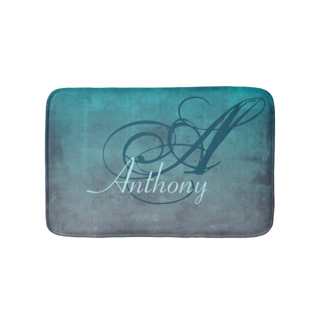 Teal Gray Rustic Abstract Name Monogram Bath Mat (Front)