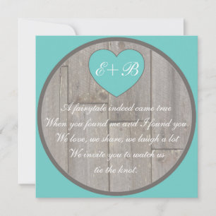 Teal gray rustic heart rhyming wedding invites