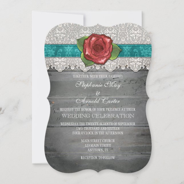 Teal Gray Rustic Wood Rose Wedding Invite (Front)