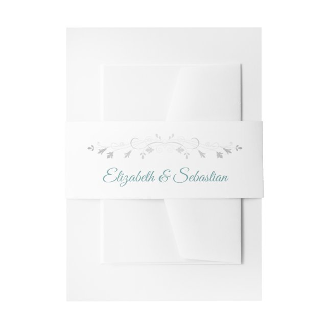 Teal & Gray Silver Flourish Elegant Wedding Invitation Belly Band (Front Example)