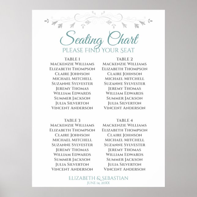 Teal & Gray Simple 4 Table Wedding Seating Chart (Front)