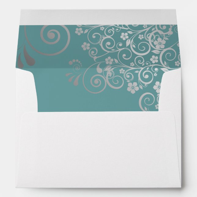 Teal & Gray Simple Elegant Filigree Wedding Envelope (Back (Bottom))