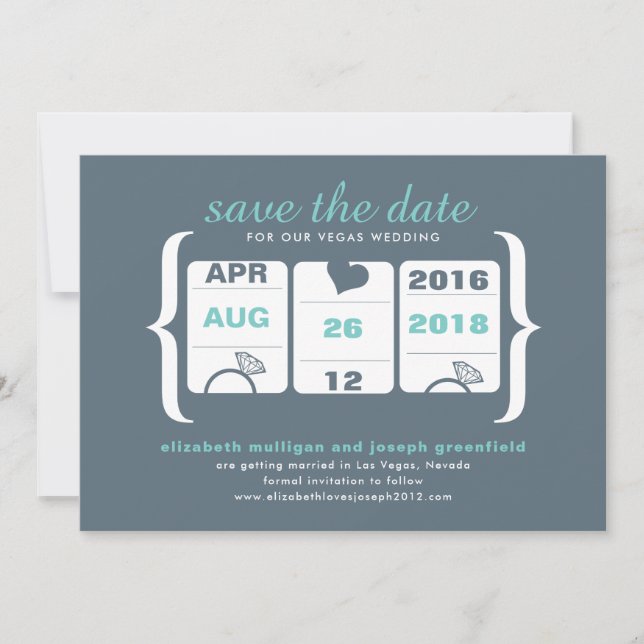 Teal Gray Slot Machine Wedding Save the Date (Front)