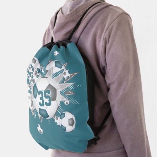 Teal gray soccer ball blowout girls jersey number drawstring bag