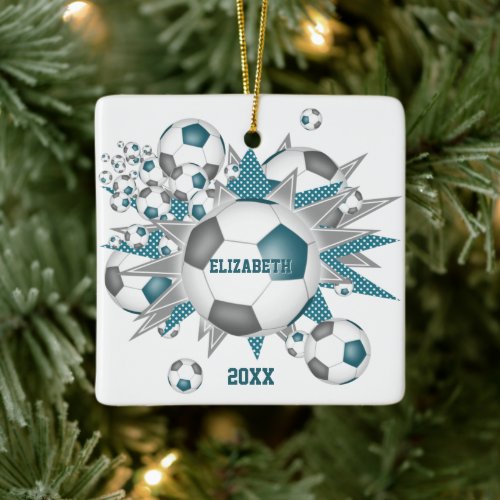 teal gray soccer ball blowout girls sports ceramic ornament