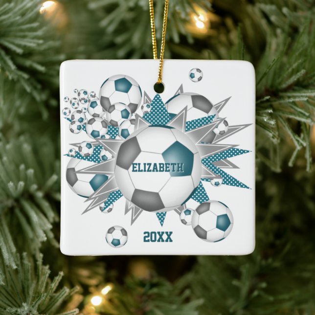 teal gray soccer ball blowout girls sports ceramic ornament (Tree)