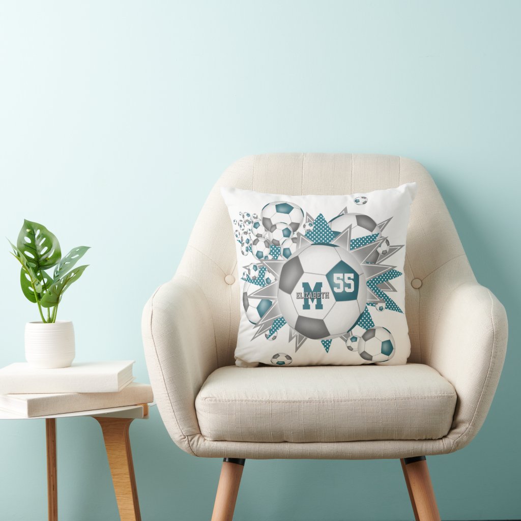 teal gray soccer ball blowout girly sports decor throw pillow