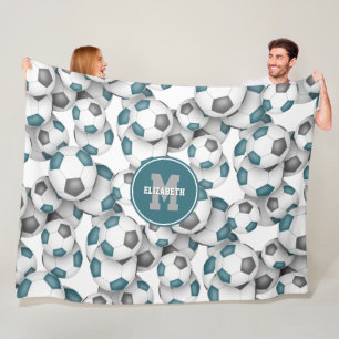teal gray soccer balls pattern monogrammed fleece blanket