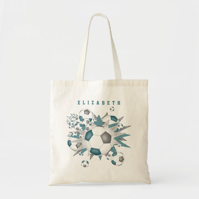 teal gray soccer balls stars girls name tote bag (Front)