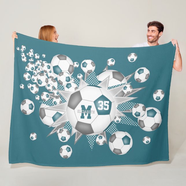teal gray soccer balls stars girls sports decor fleece blanket (In Situ)