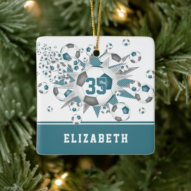 teal gray soccer balls stars personalized  ceramic ornament (Tree)