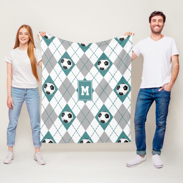 teal gray soccer team colors argyle pattern fleece blanket (In Situ)