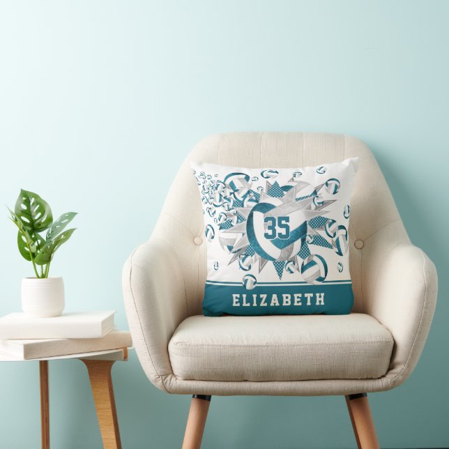 teal gray sports room girls volleyballs stars throw pillow (Chair)