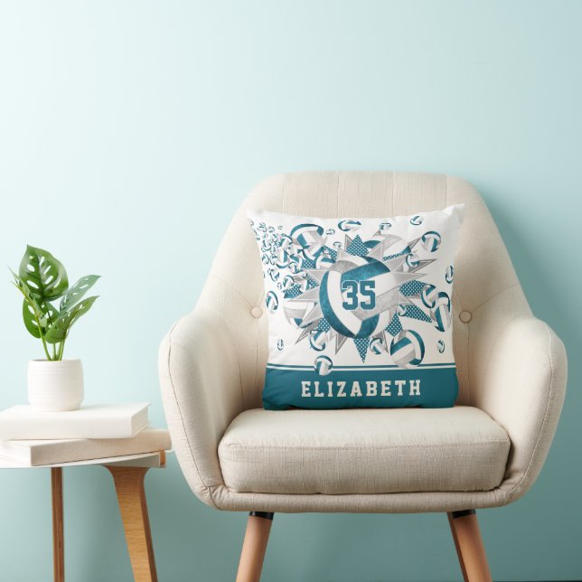 teal gray sports room girls volleyballs stars throw pillow (Chair)