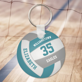 Teal Gray Sports Team Colors Girls Volleyball Keychain by katz_d_zynes at Zazzle