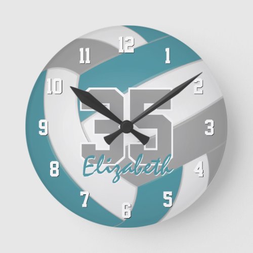 teal gray sporty personalized volleyball round clock