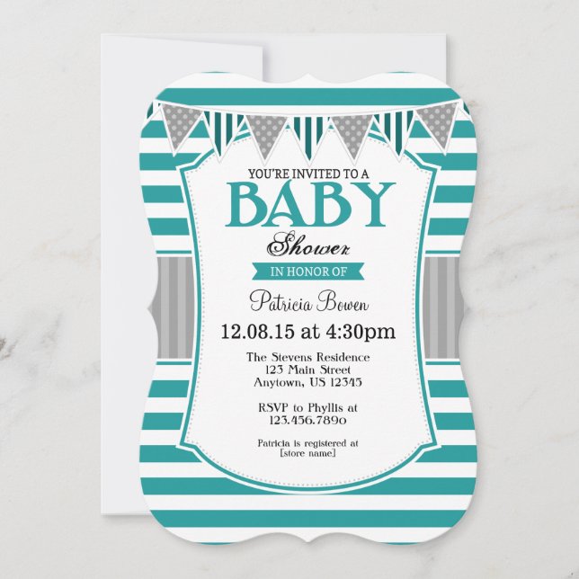 Teal Gray Stripes Baby Shower Invitation (Front)