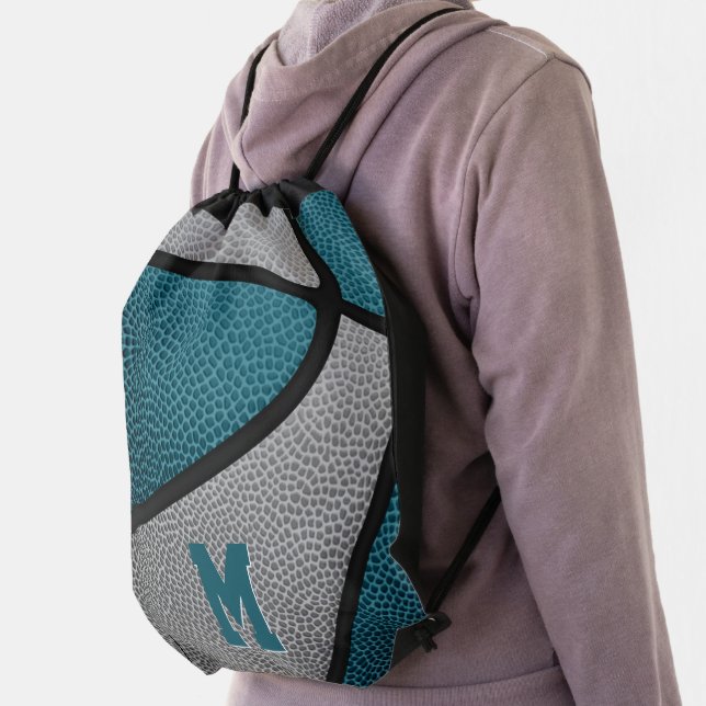 teal gray team colors boys girls basketball drawstring bag (Insitu)