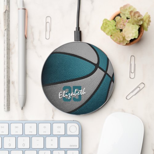 teal gray team colors girls boys basketball wireless charger 