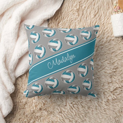 teal gray team colors girls love volleyball throw pillow